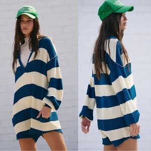 Free People FP Beach Picnic Striped Sweater Romper in Sailor Blue Combo